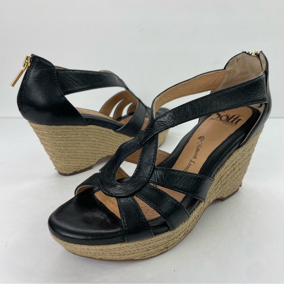 Sofft Black Leather Espadrille Wedge Open Toe Sandals - Picture 2 of 16